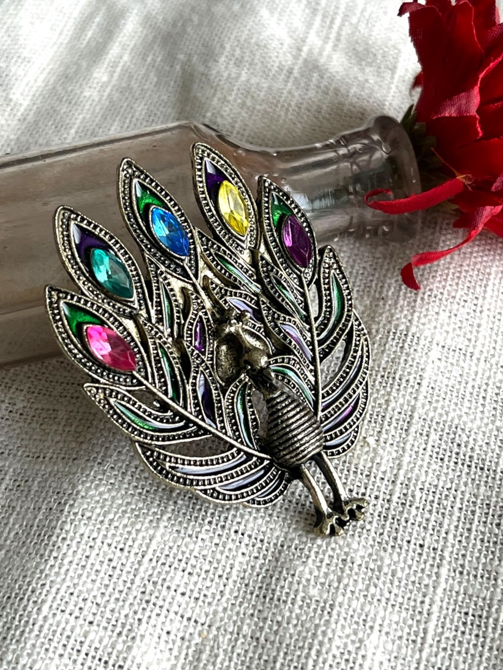 Vintage Multicolor Peacock Gemstone Brooch Pin, 2.25 Inch